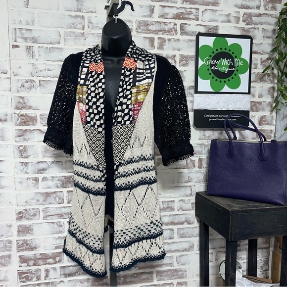 Moth Black and Cream Cardigan with Geometric patchwork Patterns - Picture 1 of 7